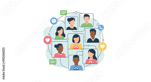 Diverse group of people connected in a vibrant social network, communicating through video calls, chats, and social media.