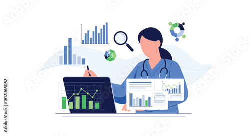 Female healthcare professional analyzing complex medical data, charts, and graphs on a laptop for research or patient management.