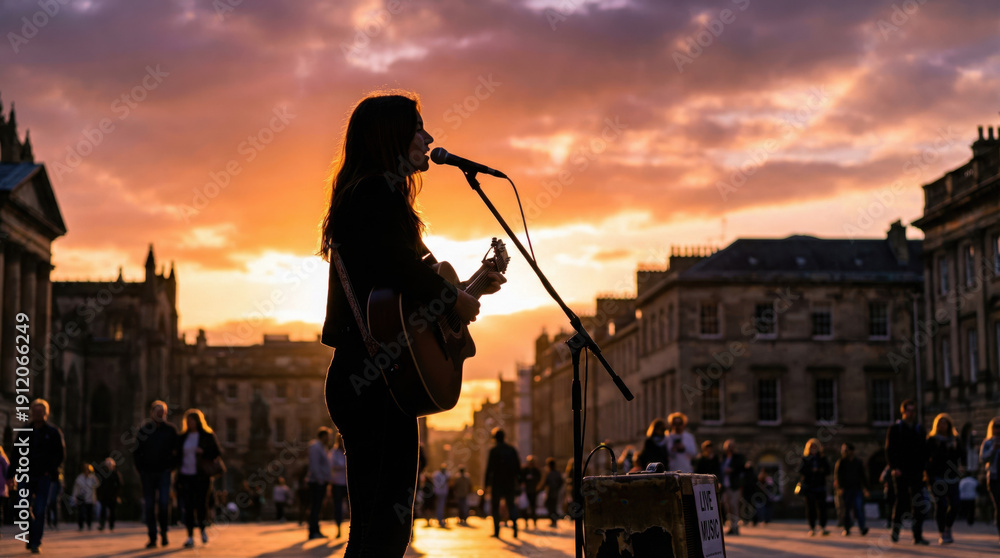 Obraz premium Silhouette of female street musician singing into microphone while playing guitar during sunset in a bustling urban square with historic buildings and pedestrians