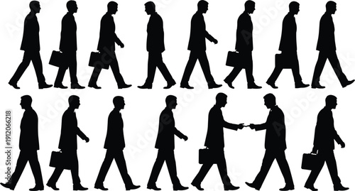 Businessmen walking silhouettes sequence, professional male office commute meeting concept vector illustration