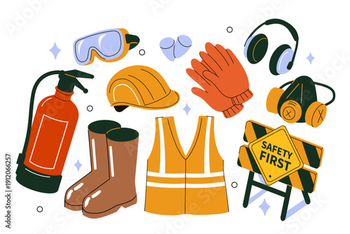 Reflective vest, helmet, goggles, respirator, fire extinguisher and other personal protective equipment. Industrial gear to protect from injury. Vector illustration.