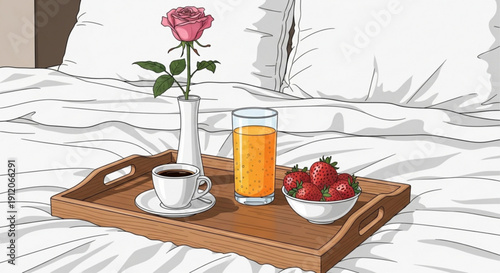 Breakfast in bed with coffee orange juice strawberries and a pink rose on a wooden tray