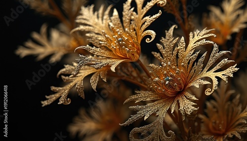 Close up macro shot of elaborate golden flower petals and delicate fern fronds. Detailed textured plant forms glow on dark background. Elegant botanical design element suitable for luxury decor.