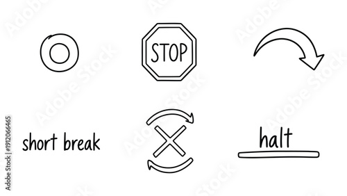 Abstract Signals: Simplified line art symbols convey crucial messages like stop, short break, and halt, representing different functions 