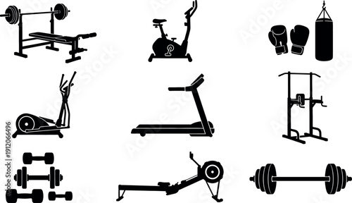 Gym Equipment Vector Set – Bench Press, Treadmill, Rowing Machine Silhouettes