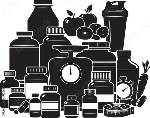 Black silhouette collection of health and fitness supplements bottles jars desi