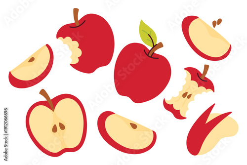 Assortment of sweet red apples showing different states from whole ripe fruit to bitten pieces and slices. Perfect for representing healthy snacking, school lunches, or autumn harvest.