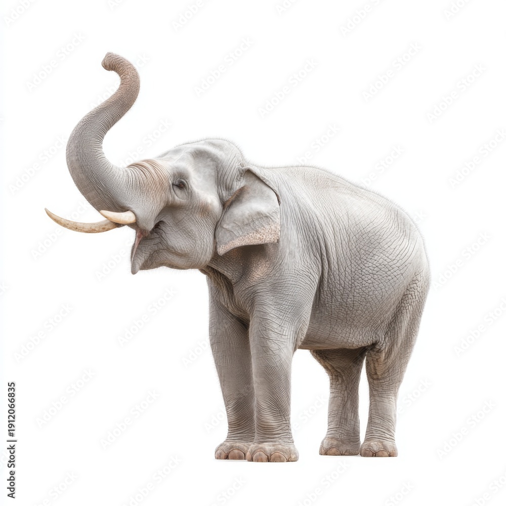 Obraz premium Majestic Asian Elephant Standing Gracefully with Vibrant Trunk Raised in Celebration Against a White Background