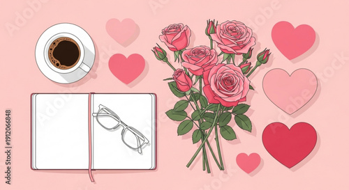 Romantic morning setup with roses coffee and glasses on pink background with hearts