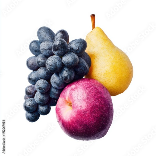 Fresh and Juicy Fruits Including Grapes, Apple, and Pear on White Background Perfect for Health and Nutrition Themes