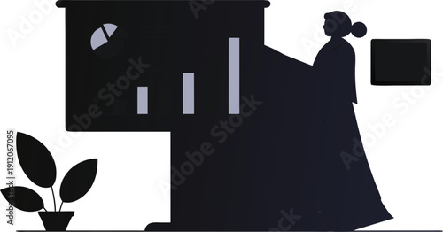 A woman gives a business presentation in an office environment with charts on a screen