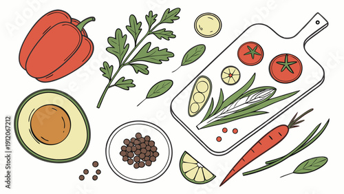 A colorful flat lay illustration of fresh vegetables and herbs arranged on a white background for cooking