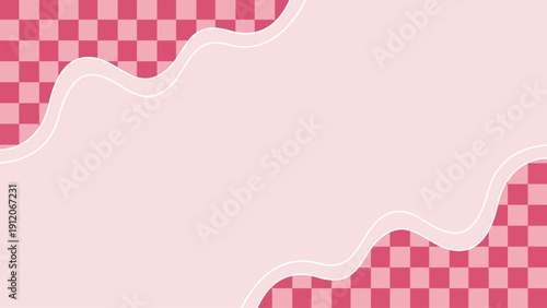 Abstract pink background with checkered and wavy design elements.