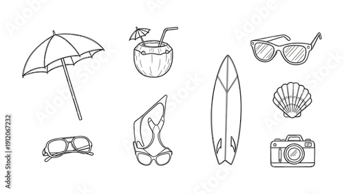 Summer Essentials: A delightful collection of quintessential summer items, including a beach umbrella, a refreshing coconut drink, stylish sunglasses, a surfboard, and a seashell.