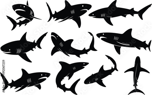 Collection of black shark silhouettes, predatory marine fish icons set, great white and hammerhead sharks swimming, underwater wildlife vector symbols collection.