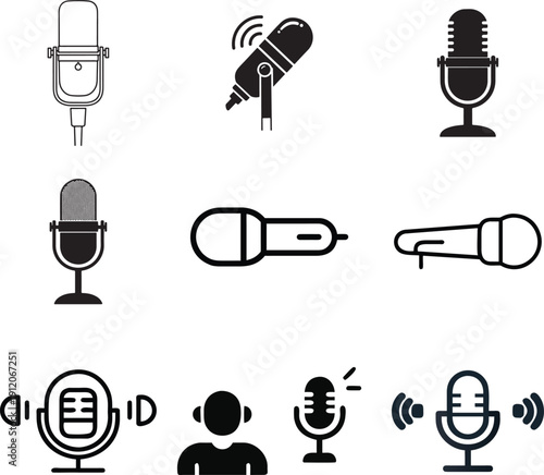 Collection of nine microphone icons displaying various styles, including studio, lavalier, and dynamic designs