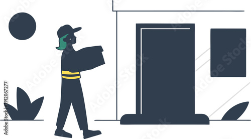 A stylized illustration of a delivery person carrying a package to a customer's home