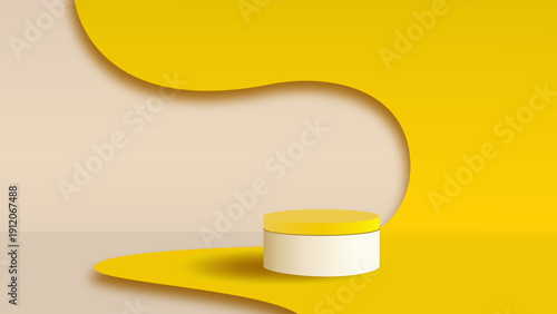 A minimalist yellow and beige composition featuring a cylindrical pedestal.