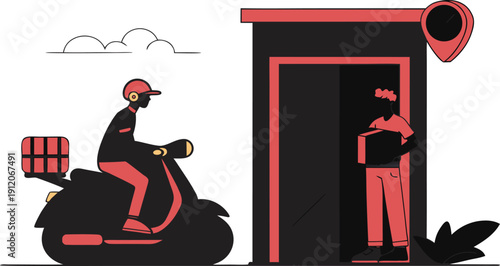 A delivery rider on a scooter gives a package to a customer at their home