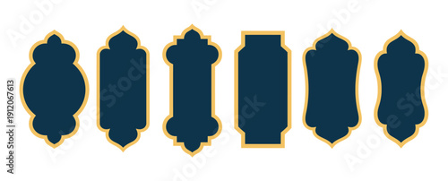 Dark Blue Islamic Window vector graphic, row of scalloped arched silhouettes, geometric icons for mosque architecture, Middle Eastern patterns and decorative elements.