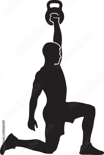 Black silhouette of a man performing a kettlebell lunge exercise white d