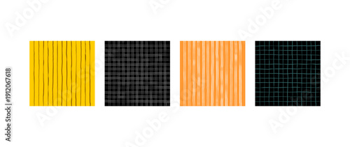 Set of 4 Abstract Geometric Backgrounds. Collection of Grid and Vertical Line Patterns in Yellow, Black, and Orange.