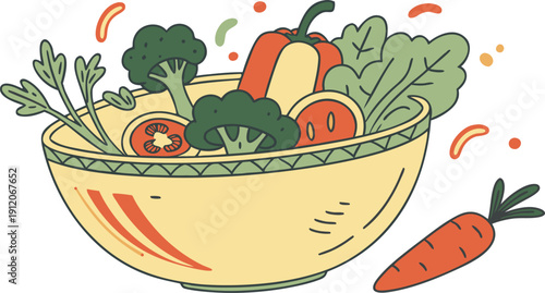 A colorful illustration of a healthy fresh salad bowl filled with various vegetables