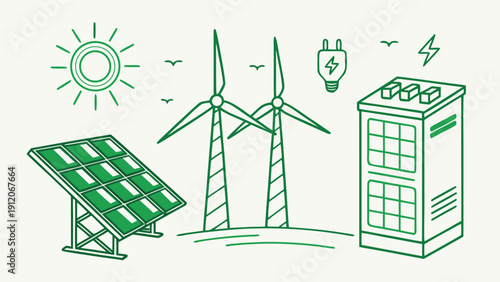Sustainable power generation system featuring solar panels wind turbines and battery storage technology
