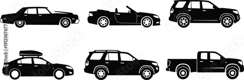 Collection of car silhouettes set, sedan convertible SUV and pickup truck icons, automotive transport symbols isolated on white background vector design.