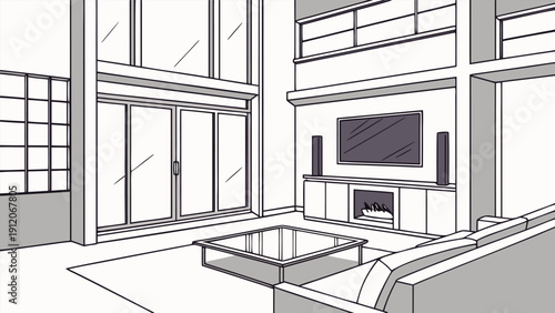Architectural line drawing of a modern luxury living room interior with high ceilings