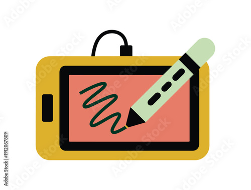 Digital drawing tablet with a green stylus sketching on a pink screen, connected by a black cable, representing modern art and design tools.
