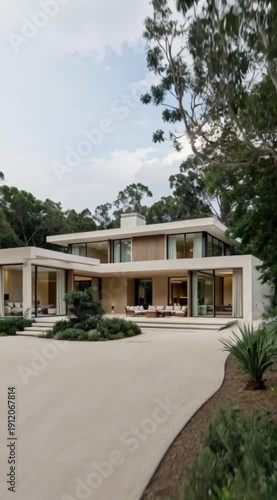 Secluded modernist residence featuring light beige walls and vast windows nestled deep in a tropical forest