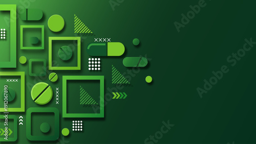 Abstract green background with various geometric shapes and pill illustrations.