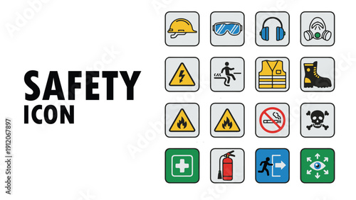 Industrial occupational safety health icon set with protective equipment warning signs and emergency symbols for construction work safety guidelines manual