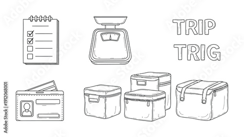 Travel Essentials: A curated illustration featuring a checklist, luggage scale, ID, travel bag, and insulated travel bag, alongside the words TRIP TRIG. It captures the essentials of travel. 