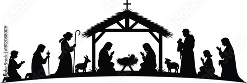 PrintNativity scene silhouette illustration of Holy Family, baby Jesus in manger with shepherds and wise men, Christmas religious vector art