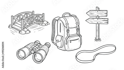 Adventurer's Toolkit: A collection of essential outdoor exploration items, inviting a sense of wanderlust and preparation for journey