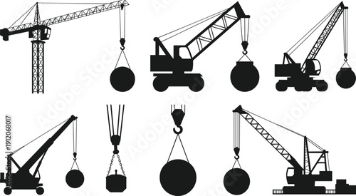 Collection of industrial construction crane silhouettes, heavy machinery and hoisting equipment icons, building site tower crane symbols, machinery lifting weight vector.