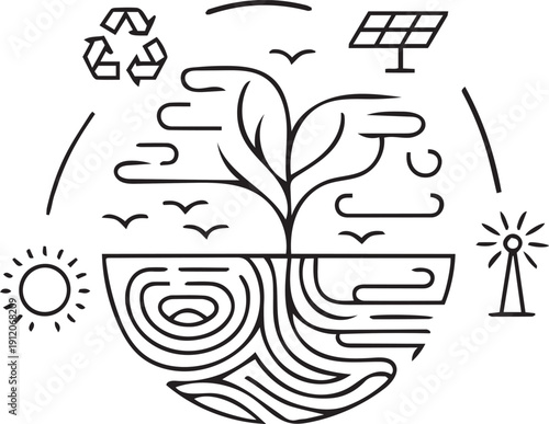 Hand drawn black silhouette tattoo design of a cute tribal fish and an abstract tree sketch set in a vector illustration ecology.