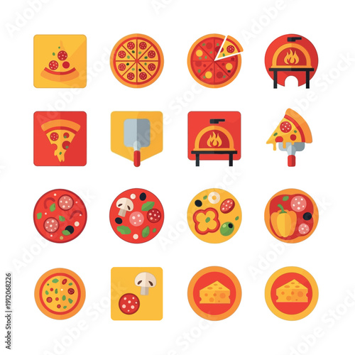 Flat lay of various pizza icons and symbols on a white background, including slices, ovens, and toppings in a vibrant color scheme.
