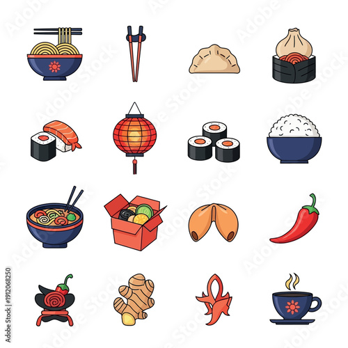 Flat lay of various Asian food icons including sushi, noodles, dumplings, and tea on a white background.