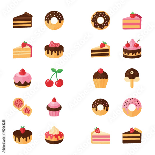 Flat lay illustration of various sweet baked goods including cakes, donuts, and pastries against a clean white background.