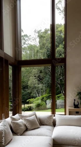 Luxury home interior displays high ceiling and expansive windows framing lush green forest landscape