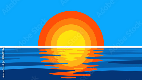 A vibrant illustration depicts a seagull flying over a sunset reflected on water.