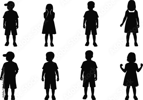 Collection of Eight Black Silhouette Vector Illustrations Featuring Diverse Young Boys and Girls Standing in Various Poses for Childhood Education and Parenting Designs