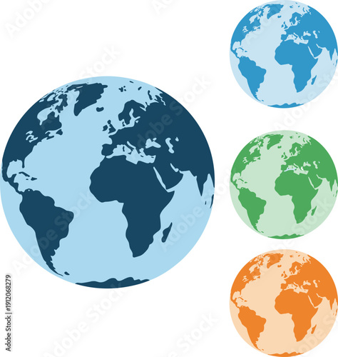 Earth globe illustrations set with colorful world maps, detailed planet icons isolated on white background, global geography vector collection for education and design.