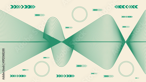 Abstract teal lines forming symmetrical waves and geometric shapes on beige.