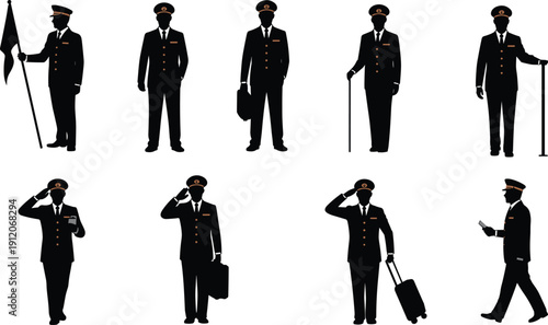 Collection of uniformed personnel silhouettes, pilot or security officer icons set, men in uniform saluting and traveling with luggage, professional service workers vector.