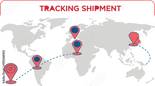 A detailed illustration of a global shipment being tracked across a world map