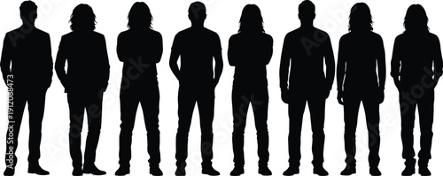 Collection of Eight Black Silhouettes of Men Standing in a Row with Various Poses and Hairstyles for Professional Business and Musical Band Designs
